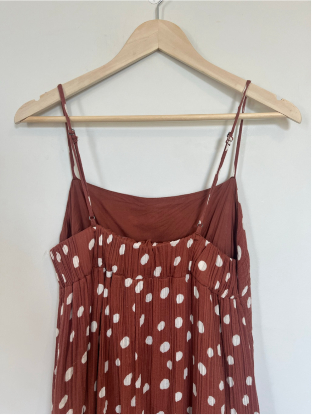 Polka Dot Maxi Dress Rust Brown White Empire Waist Gauzy Cotton Sleeveless - Picture 4 of 9
